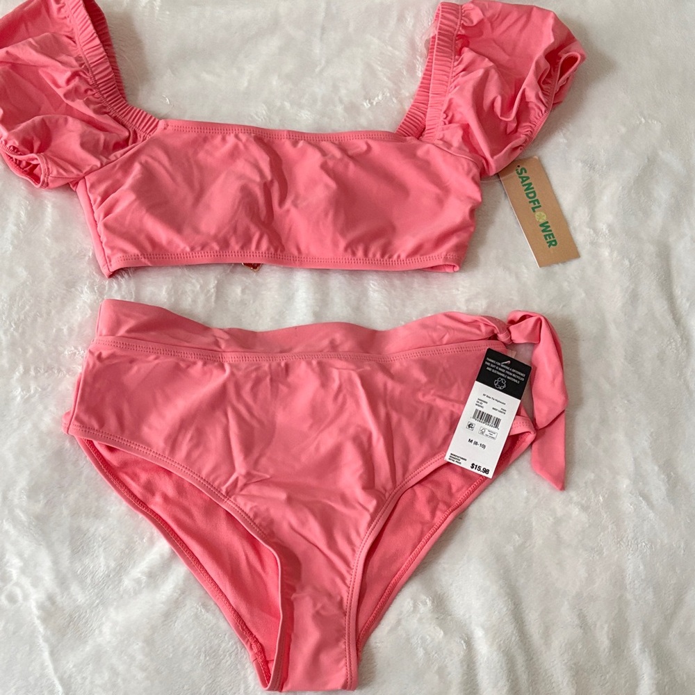 Coral Puff Sleeve Bikini Set